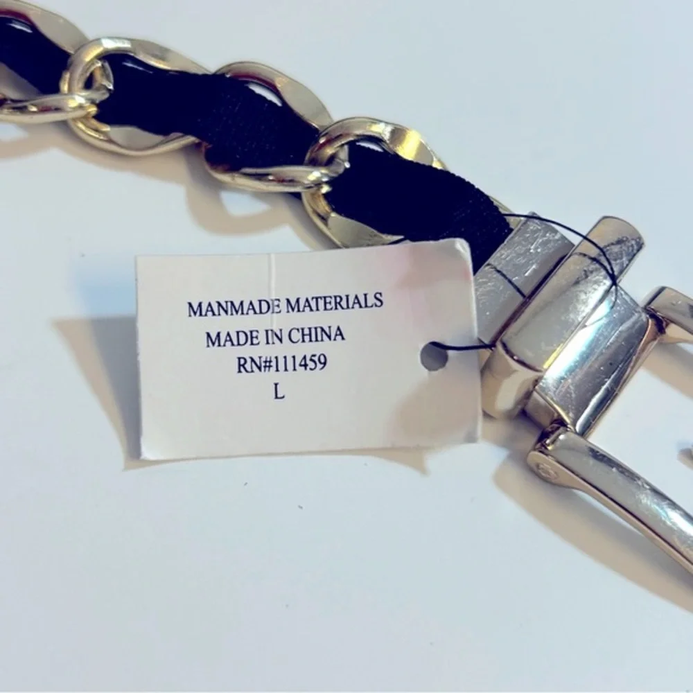 White House Black Market Gold Tone Chain Link Ribbon Heavy Metal Belt Size L NWT